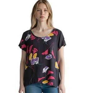 VTG Retro Cotton Floral Print Short Sleeve Tunic Top 70s M/L